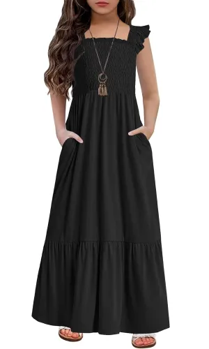 HOSIKA Girls Summer Sundress Casual Sleeveless Smocked Aline Flowy Tiered Maxi Boho Beach Dress with Pockets 6-12Y