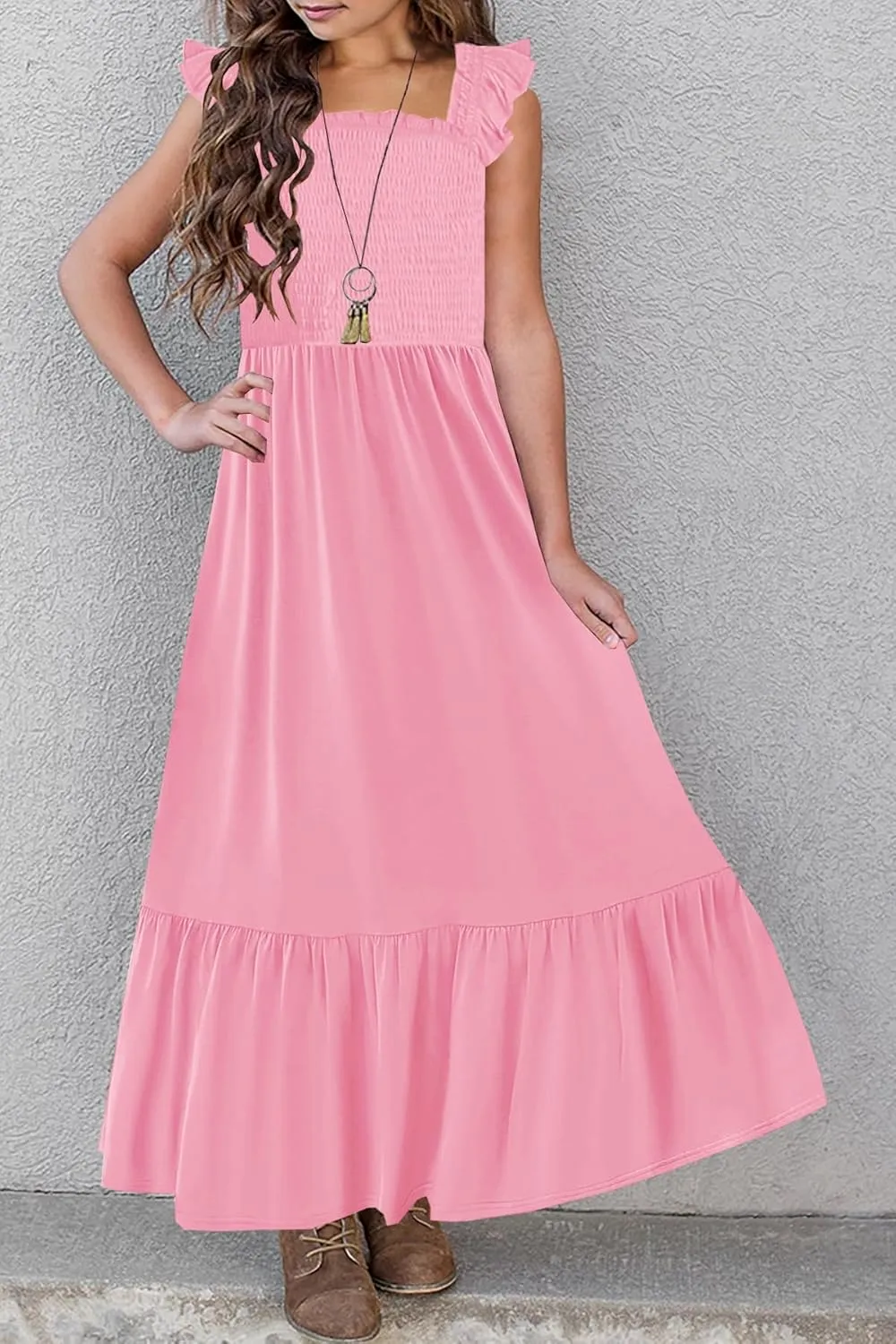 HOSIKA Girls Summer Sundress Casual Sleeveless Smocked Aline Flowy Tiered Maxi Boho Beach Dress with Pockets 6-12Y