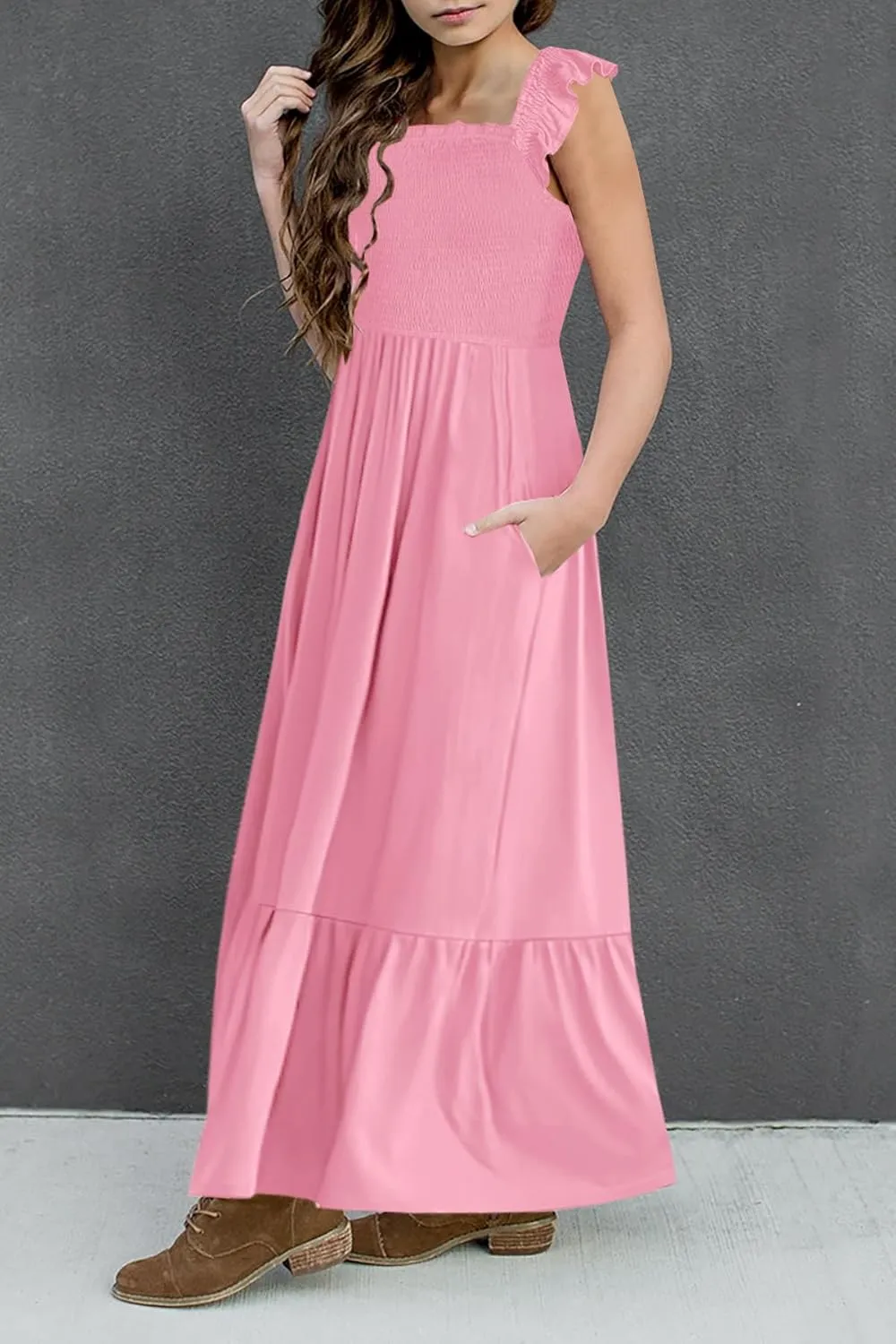 HOSIKA Girls Summer Sundress Casual Sleeveless Smocked Aline Flowy Tiered Maxi Boho Beach Dress with Pockets 6-12Y