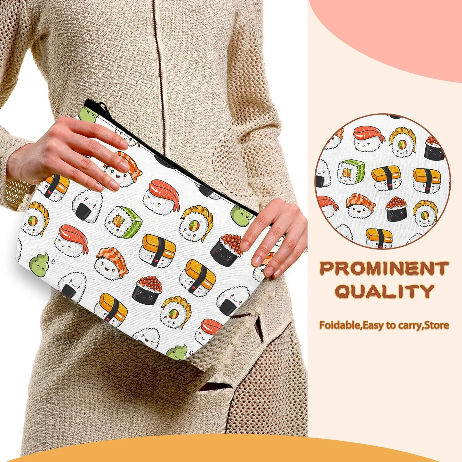 Japaness Sushi Cosmetic Bags Makeup Bags Toiletry Bag Large Capacity Organizer Pouch with Zipper Travel Accessories for Women Girls