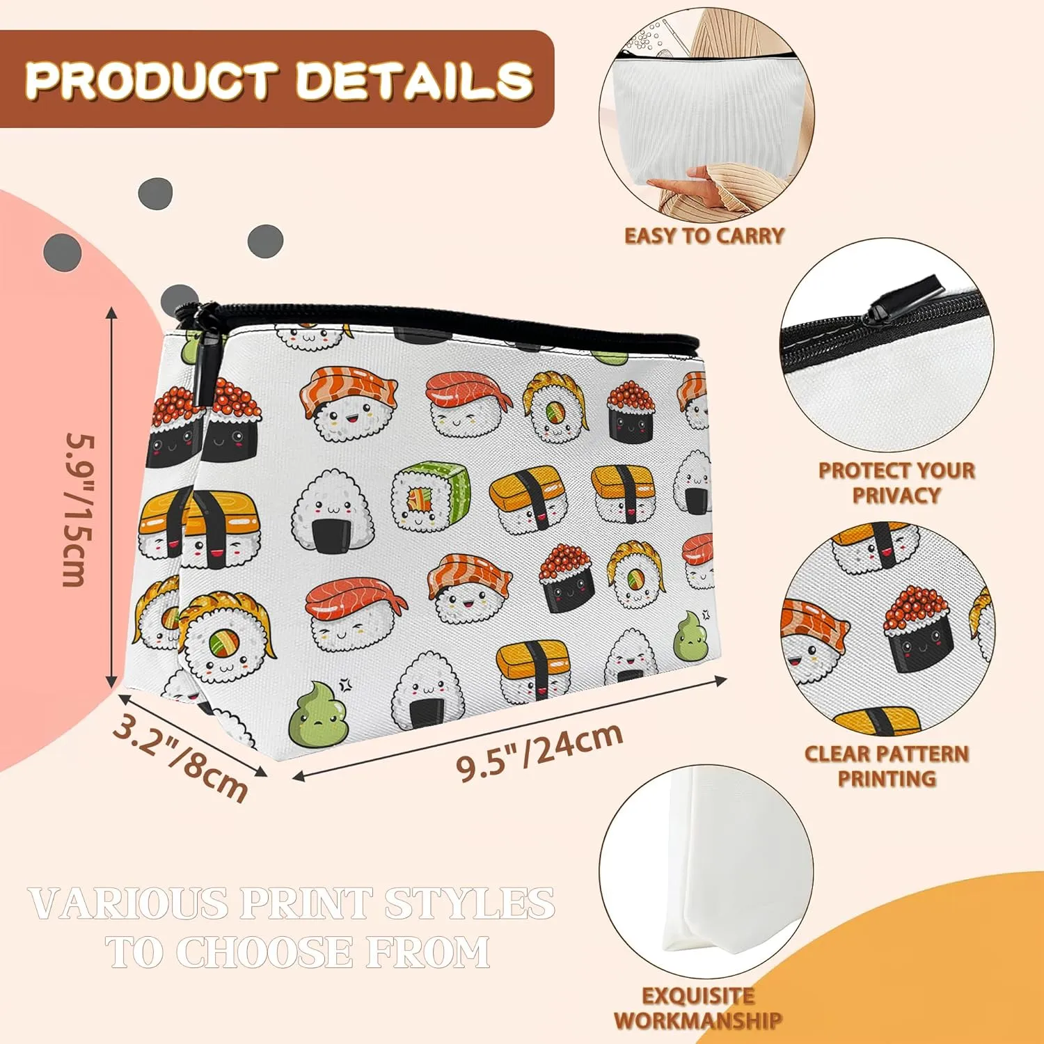 Japaness Sushi Cosmetic Bags Makeup Bags Toiletry Bag Large Capacity Organizer Pouch with Zipper Travel Accessories for Women Girls