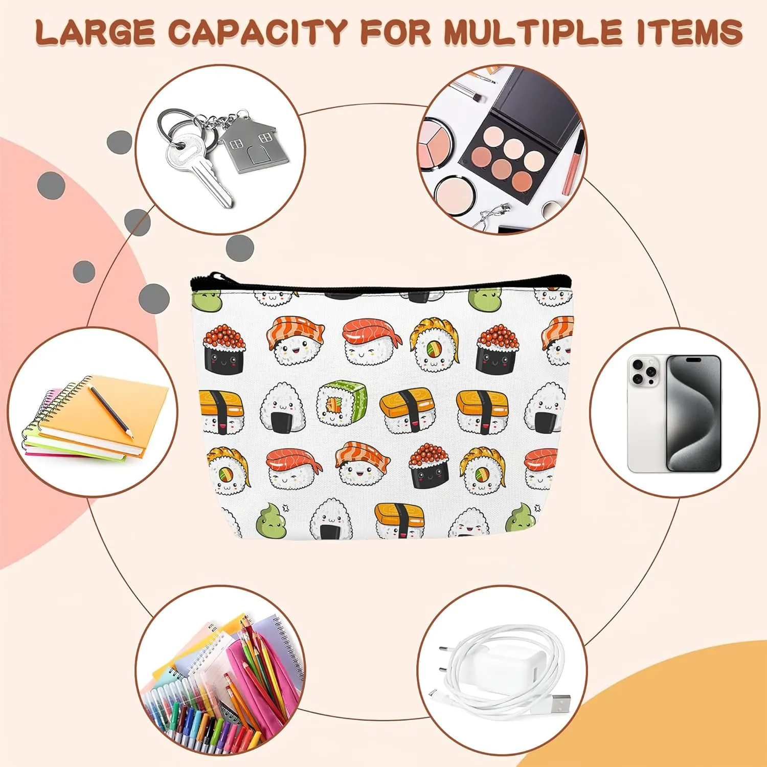 Japaness Sushi Cosmetic Bags Makeup Bags Toiletry Bag Large Capacity Organizer Pouch with Zipper Travel Accessories for Women Girls