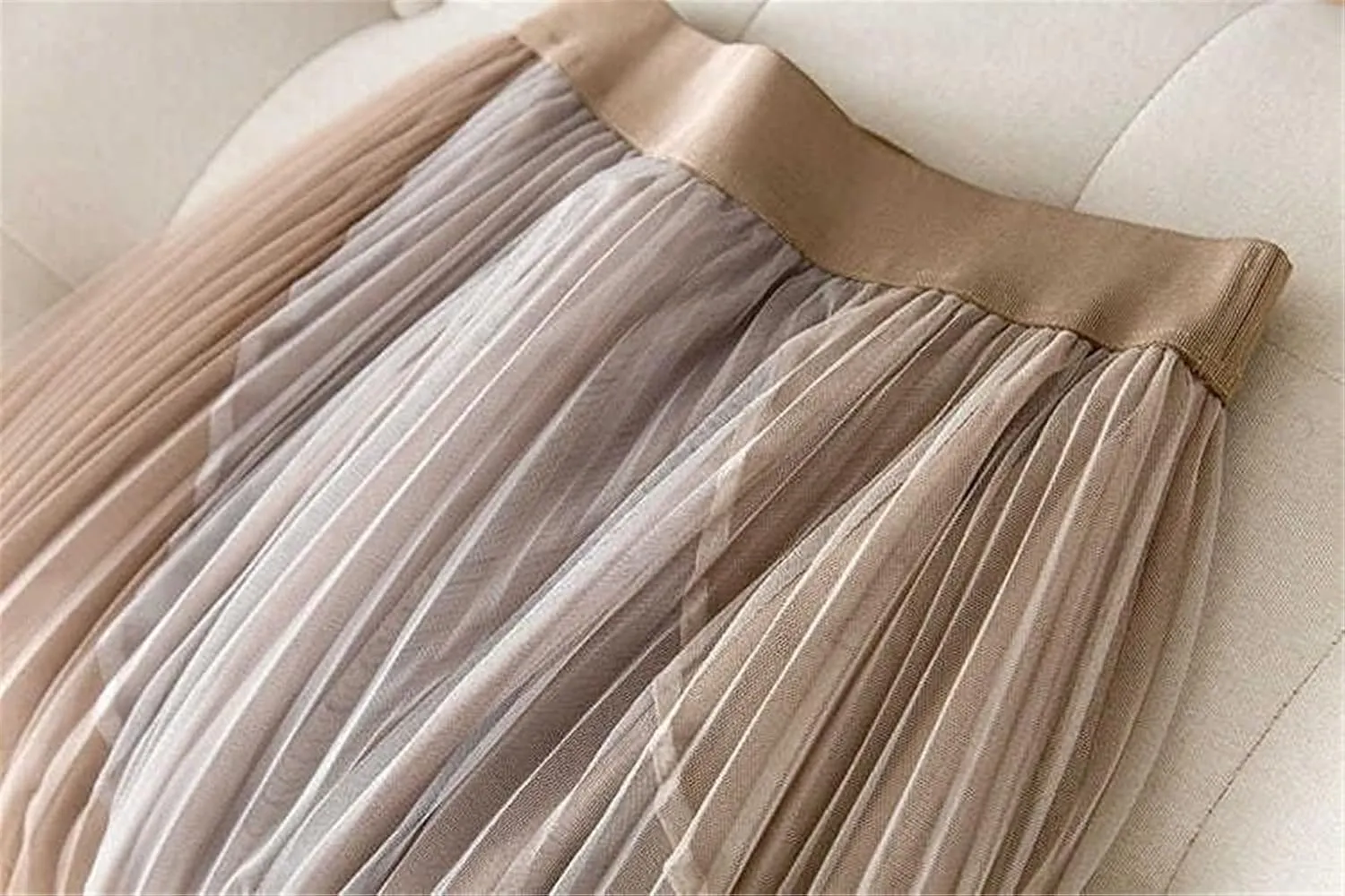 Jegsnoe Women Pleated Midi Skirts Spring Fashion Patchwork Casual Elastic High-Waisted Skirt
