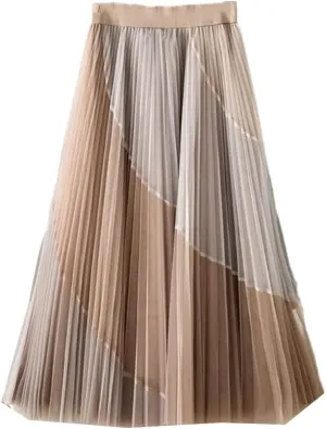 Jegsnoe Women Pleated Midi Skirts Spring Fashion Patchwork Casual Elastic High-Waisted Skirt