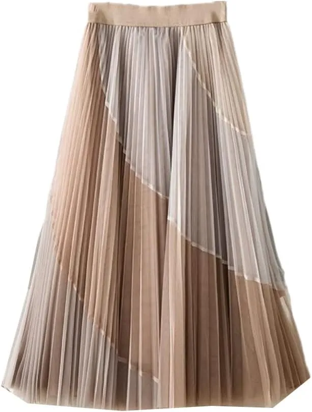 Jegsnoe Women Pleated Midi Skirts Spring Fashion Patchwork Casual Elastic High-Waisted Skirt