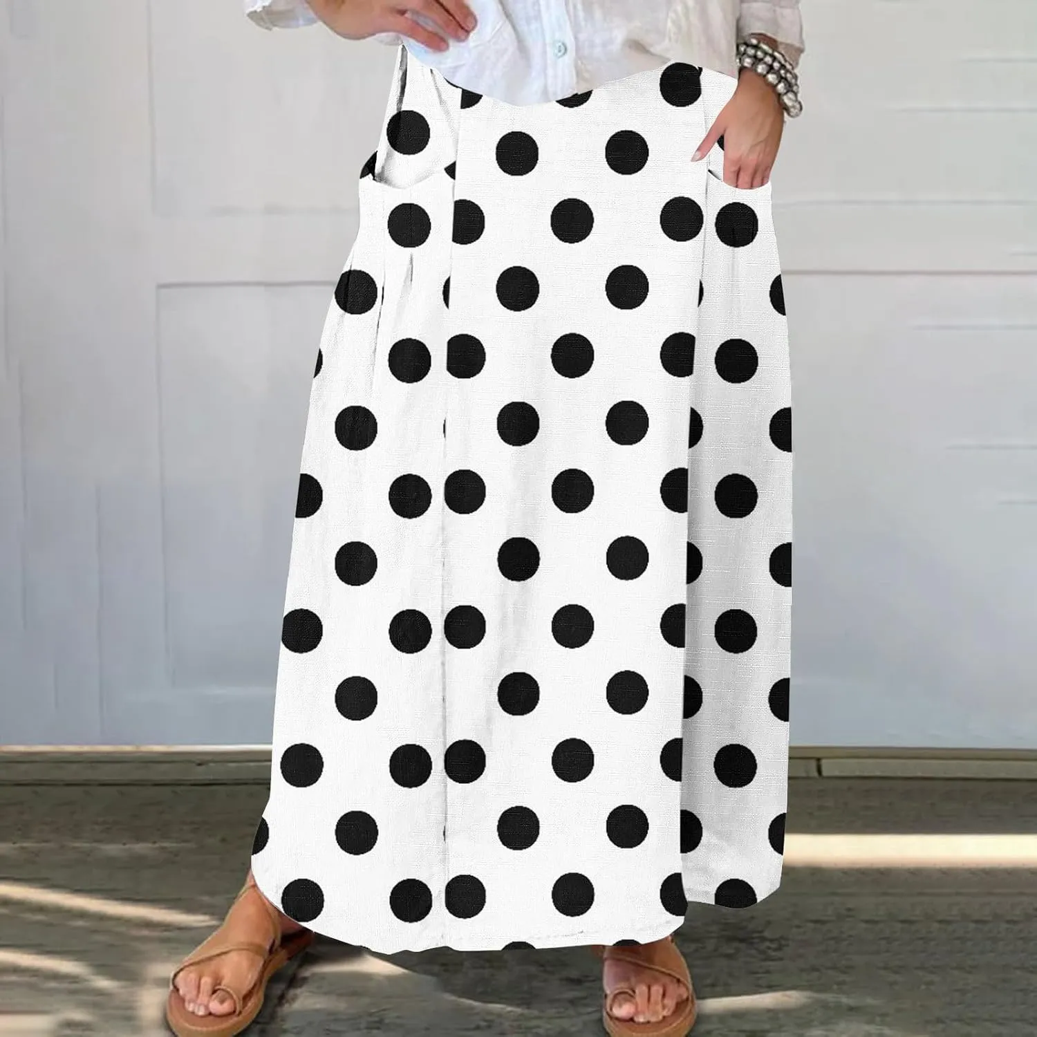 JOAU Women's Polka Dot Maxi Skirt with Pockets High Elastic Waist Flowy Casual Summer Bohemian A Line Beach Vacation Skirts