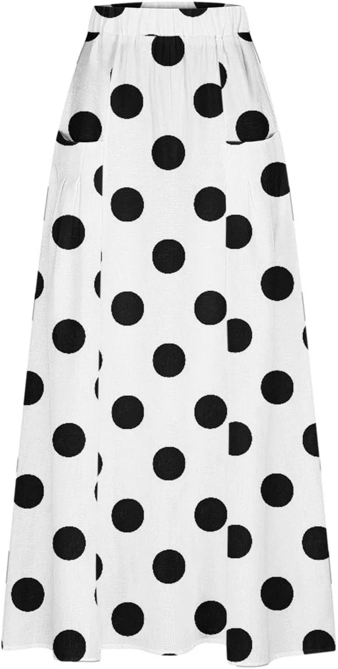 JOAU Women's Polka Dot Maxi Skirt with Pockets High Elastic Waist Flowy Casual Summer Bohemian A Line Beach Vacation Skirts