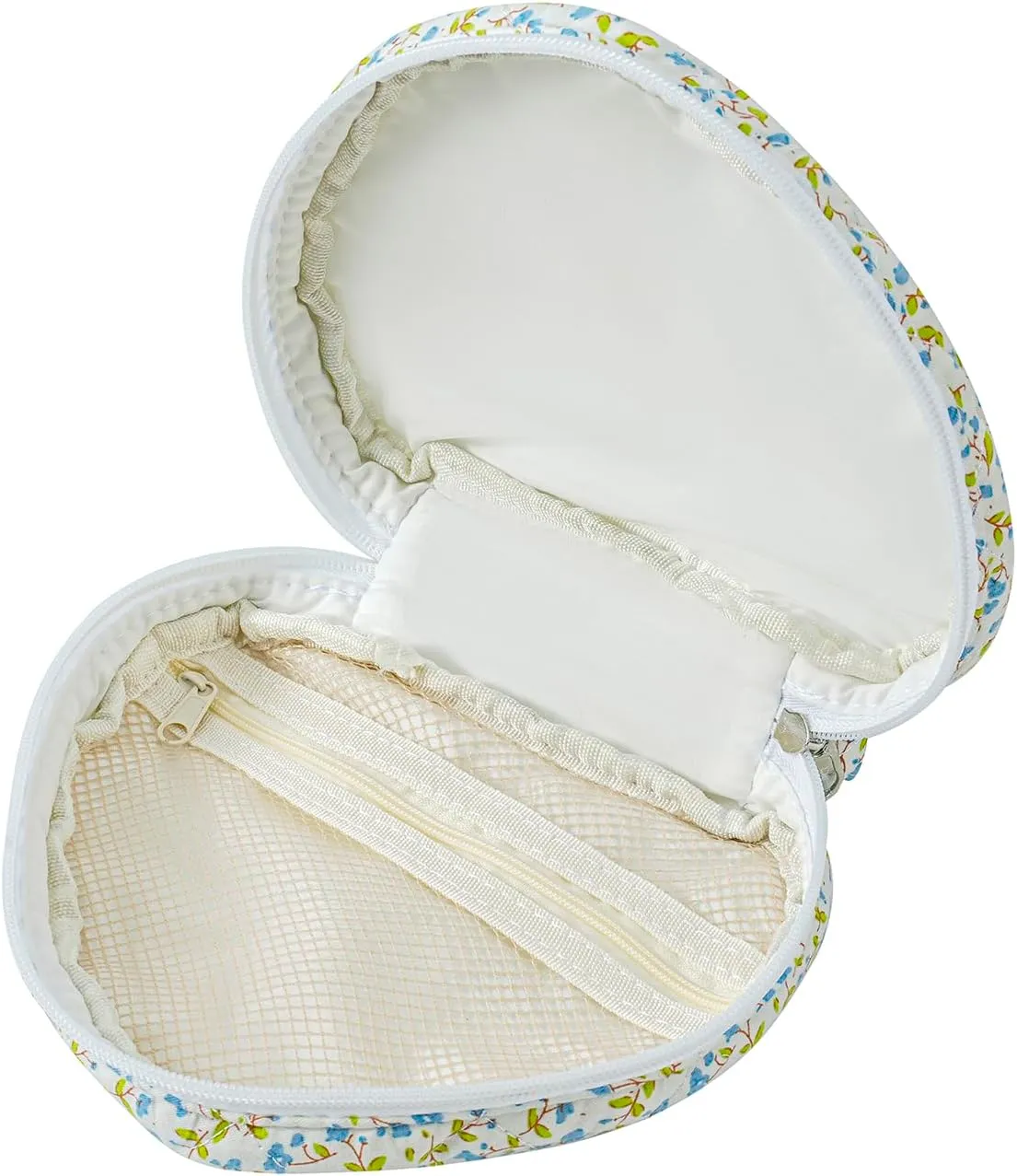 JOVAKIT Heart Shaped Quilted Makeup Bag Travel Cosmetic Bag for Women, Floral Coquette Cotton Makeup Case Toiletry Zipper Make Up Pouch with Handle, Travel Storage Organizer Pouch (Small Blue Flower)