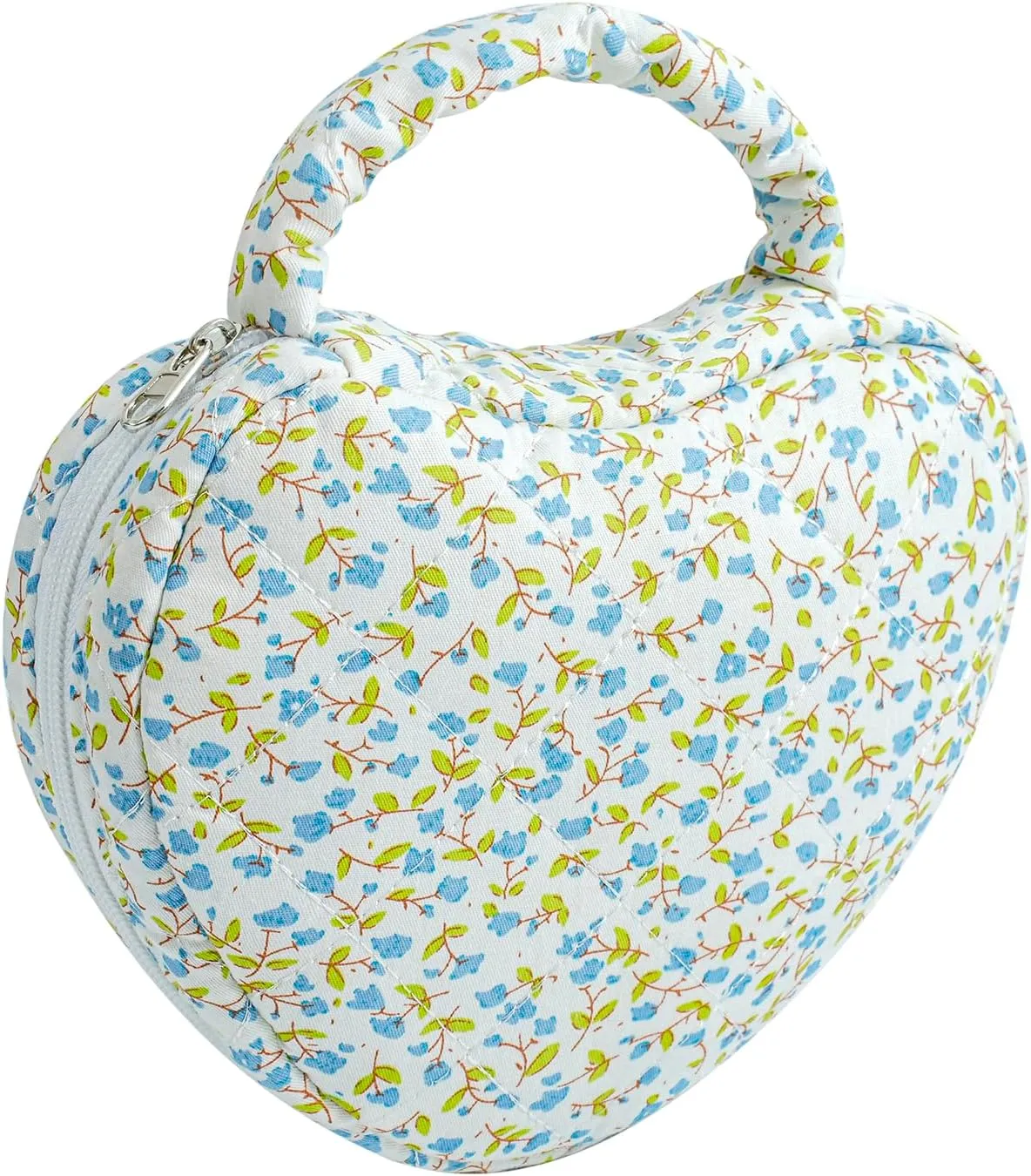 JOVAKIT Heart Shaped Quilted Makeup Bag Travel Cosmetic Bag for Women, Floral Coquette Cotton Makeup Case Toiletry Zipper Make Up Pouch with Handle, Travel Storage Organizer Pouch (Small Blue Flower)