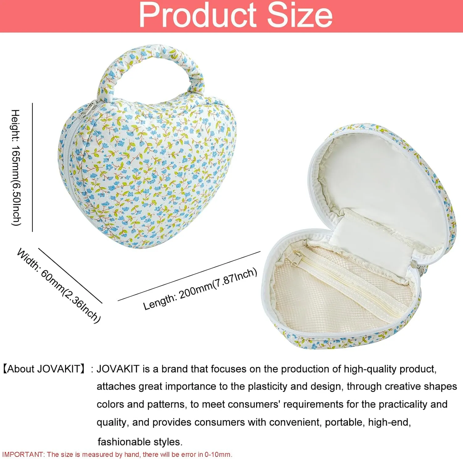 JOVAKIT Heart Shaped Quilted Makeup Bag Travel Cosmetic Bag for Women, Floral Coquette Cotton Makeup Case Toiletry Zipper Make Up Pouch with Handle, Travel Storage Organizer Pouch (Small Blue Flower)