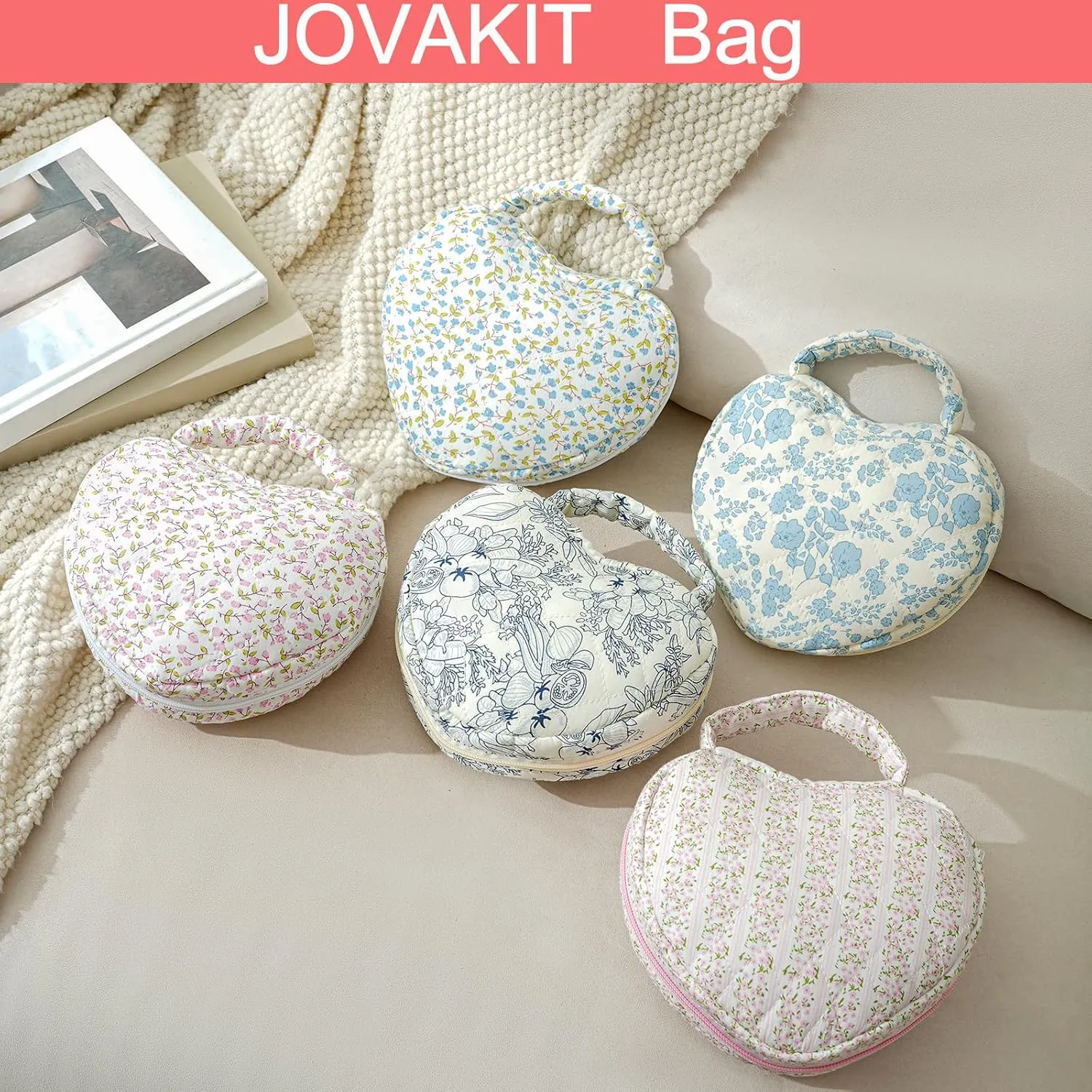 JOVAKIT Heart Shaped Quilted Makeup Bag Travel Cosmetic Bag for Women, Floral Coquette Cotton Makeup Case Toiletry Zipper Make Up Pouch with Handle, Travel Storage Organizer Pouch (Small Blue Flower)