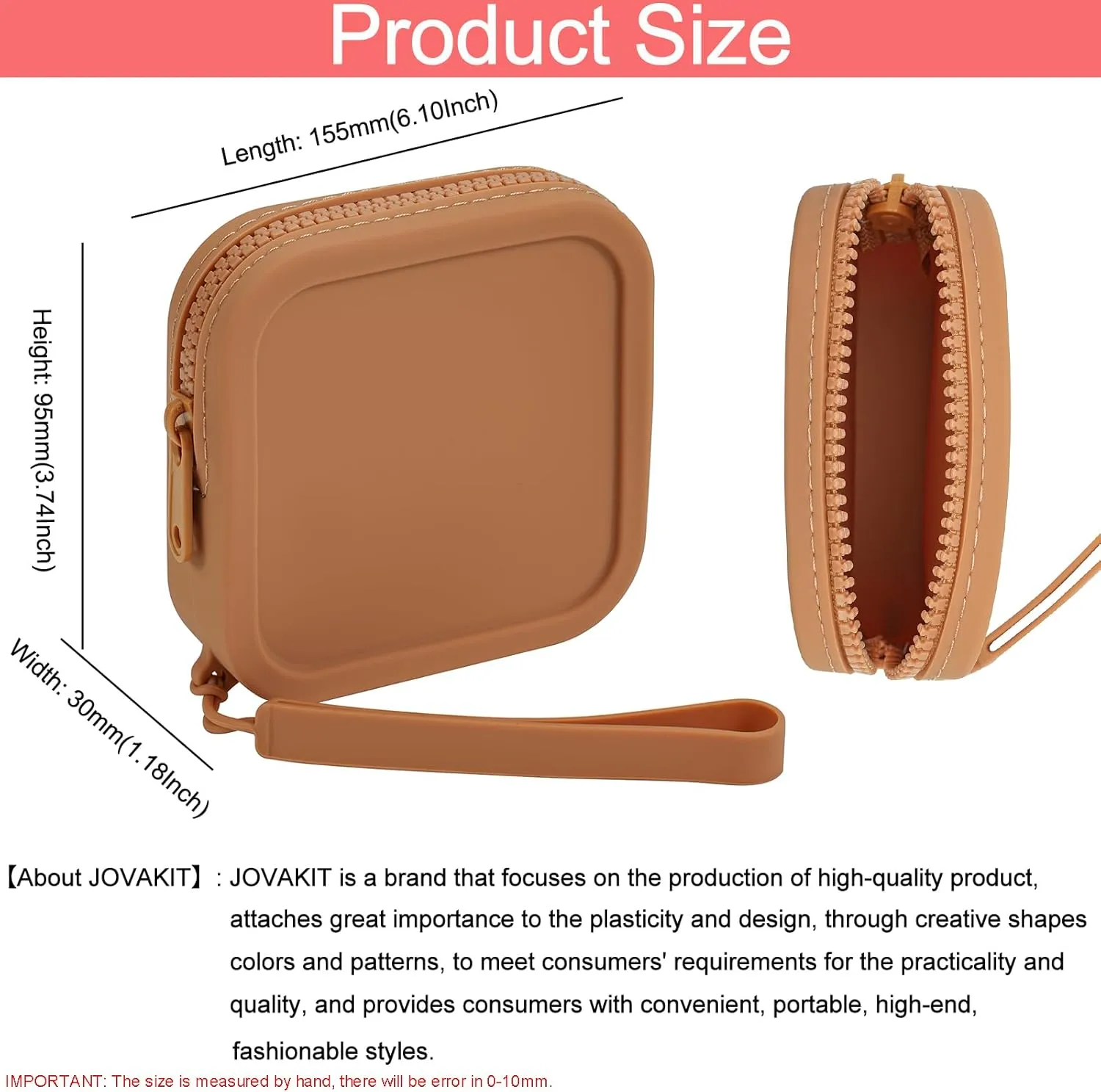 JOVAKIT Small Square Portable Silicone Makeup Bag for Women, Travel Waterproof Toiletry Cosmetic Bag Gifts for Women Girls, Zipper Closure Makeup Case with Handle (Khaki)