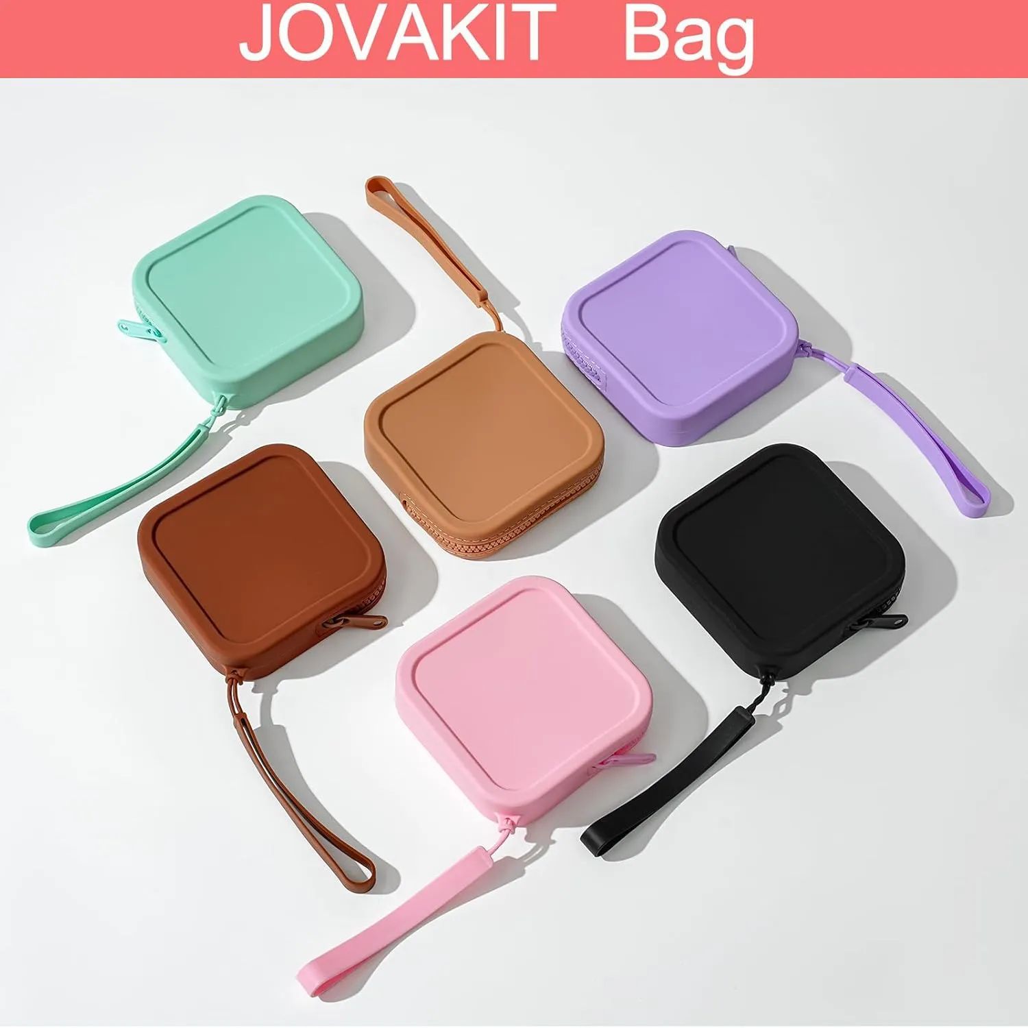 JOVAKIT Small Square Portable Silicone Makeup Bag for Women, Travel Waterproof Toiletry Cosmetic Bag Gifts for Women Girls, Zipper Closure Makeup Case with Handle (Khaki)