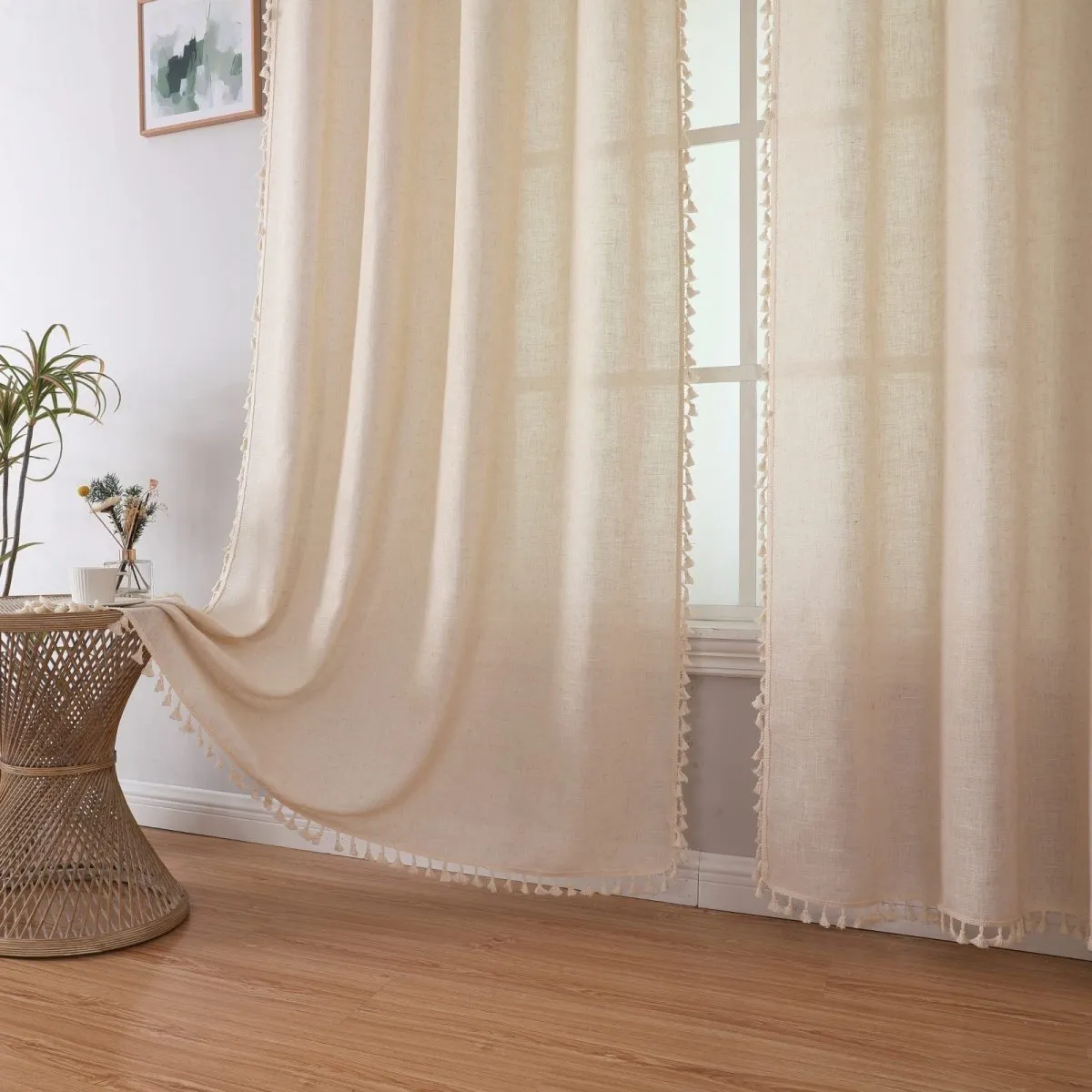 Joydeco Boho Linen Curtains - 2 Panel, Light Filtering, Farmhouse Style, Country Rustic Charm