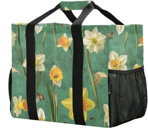 JUNZAN Green Daffodils Utility Beach Tote Foldable Large Beach Bag Water Resistant Reusable Grocery Bags Canvas Laundry Bag Travel
