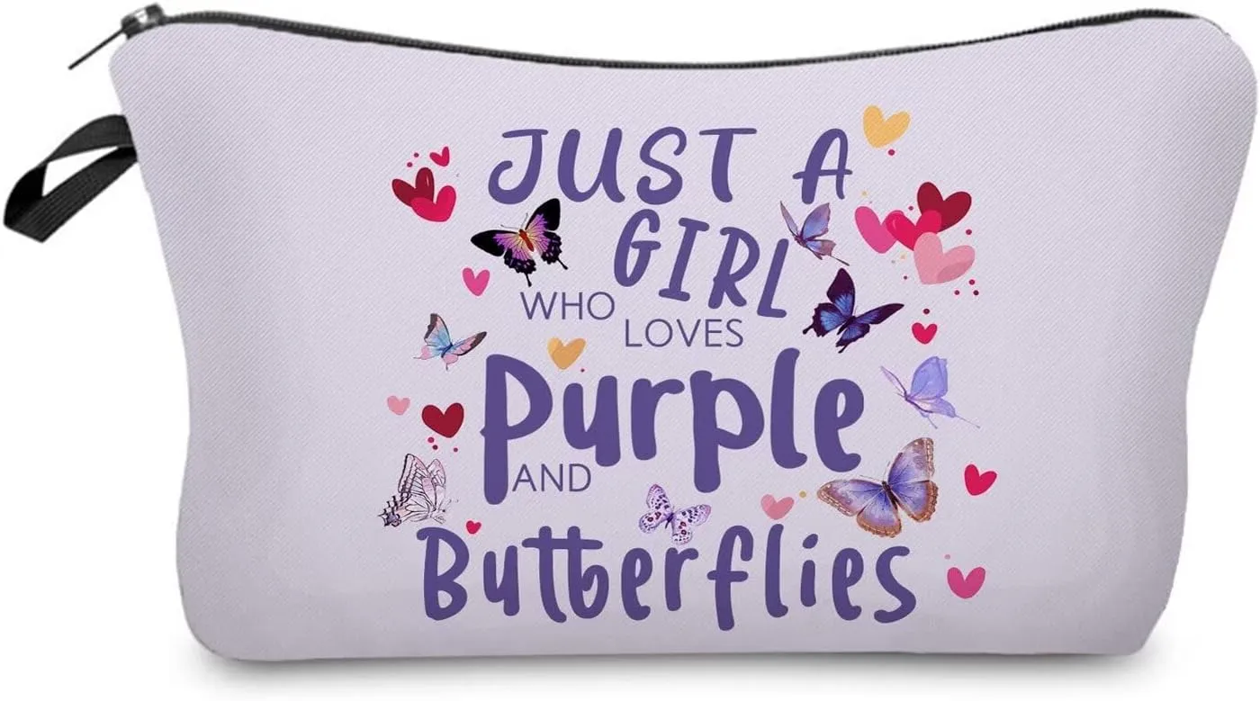 Just Love Purple And Butterflies Makeup Bag Small Organizer Zipper Pouch Purple Floral Butterflies Cosmetic Bag Present for Purple Butterfly Lovers Women