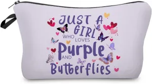 Just Love Purple And Butterflies Makeup Bag Small Organizer Zipper Pouch Purple Floral Butterflies Cosmetic Bag Present for Purple Butterfly Lovers Women