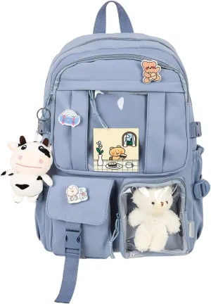 Kawaii Backpack with Bear Plush Kawaii Pin Accessories Cute Aesthetic Bookbag School Bags for Girls Teen (Simple, Blue)