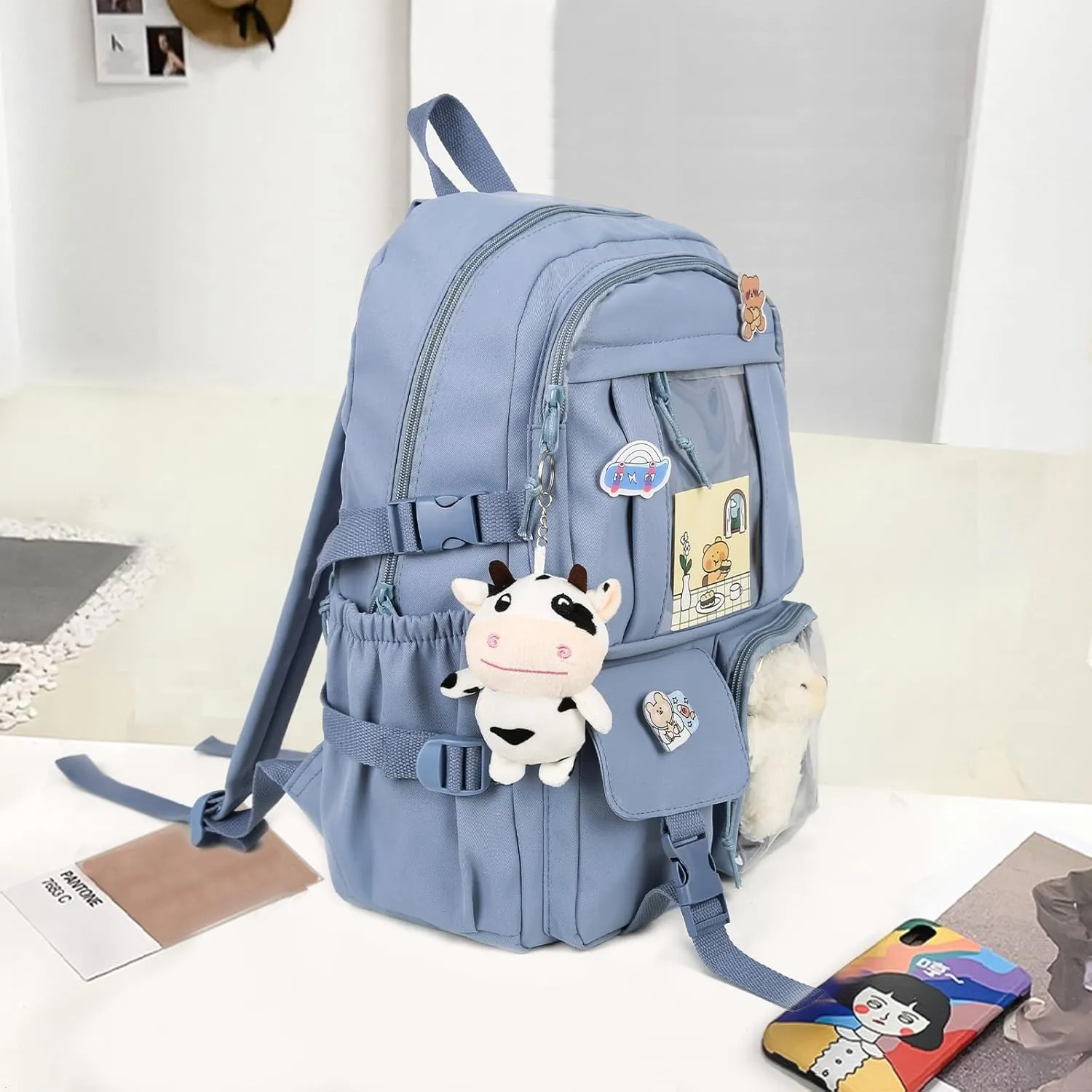 Kawaii Backpack with Bear Plush Kawaii Pin Accessories Cute Aesthetic Bookbag School Bags for Girls Teen (Simple, Blue)