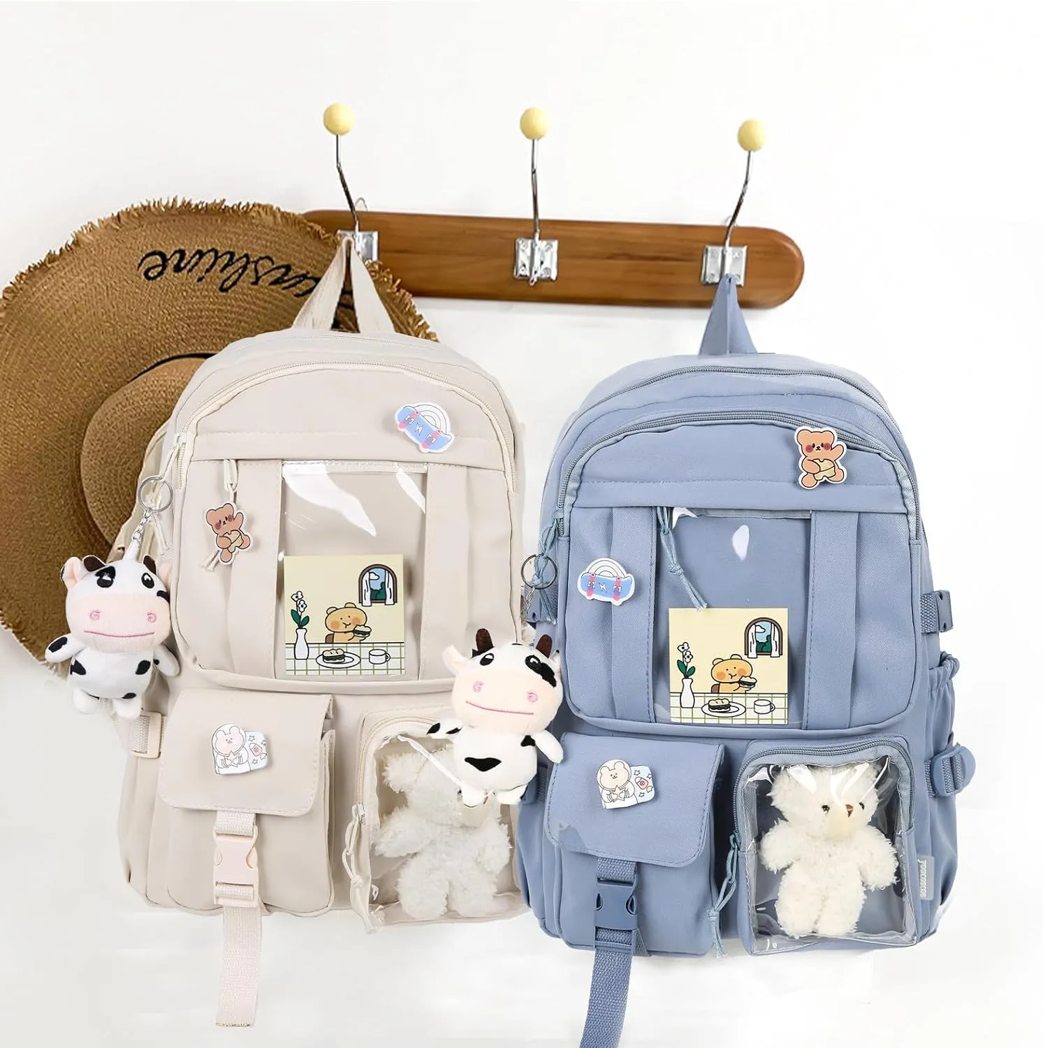 Kawaii Backpack with Bear Plush Kawaii Pin Accessories Cute Aesthetic Bookbag School Bags for Girls Teen (Simple, Blue)