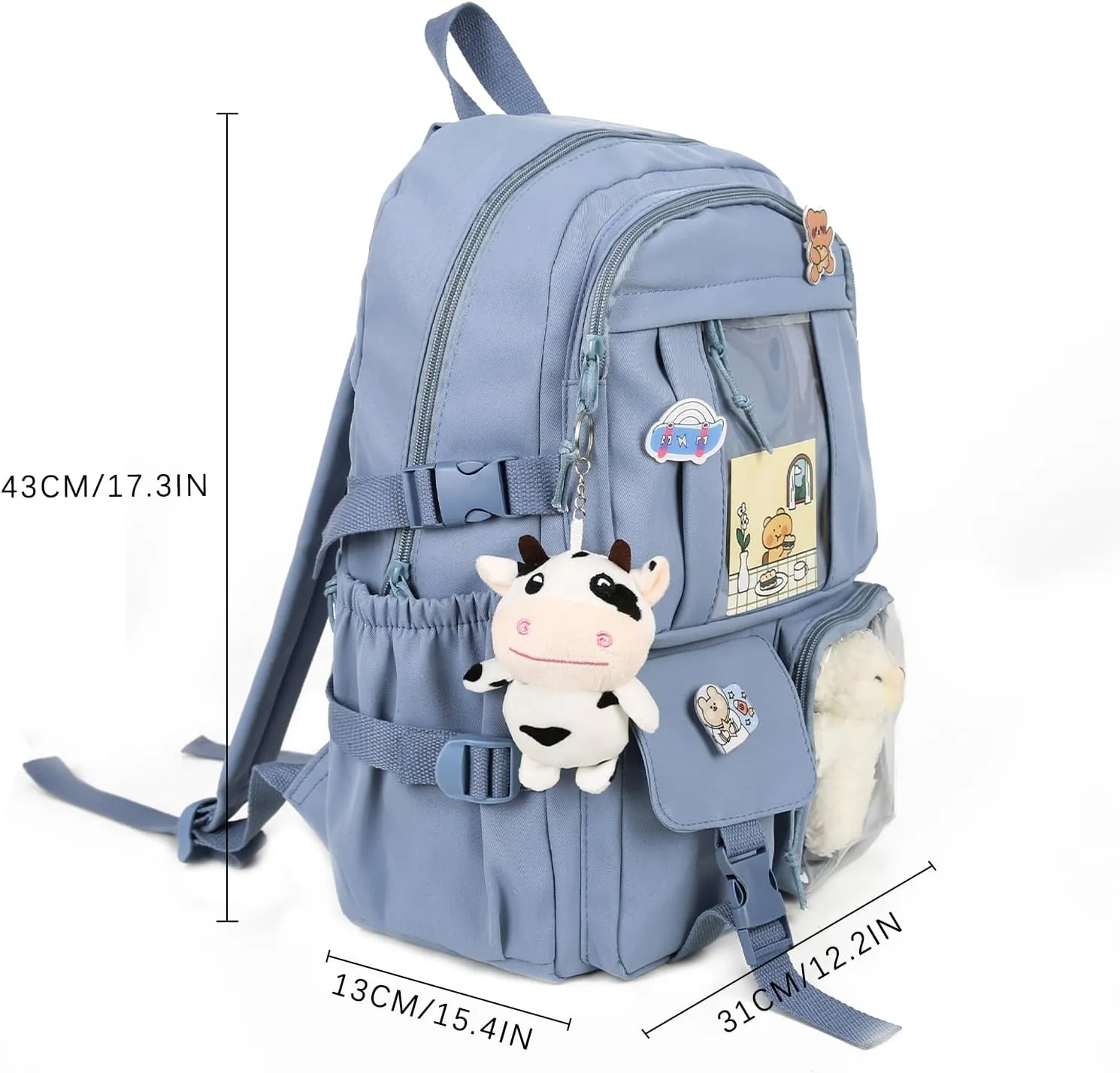 Kawaii Backpack with Bear Plush Kawaii Pin Accessories Cute Aesthetic Bookbag School Bags for Girls Teen (Simple, Blue)