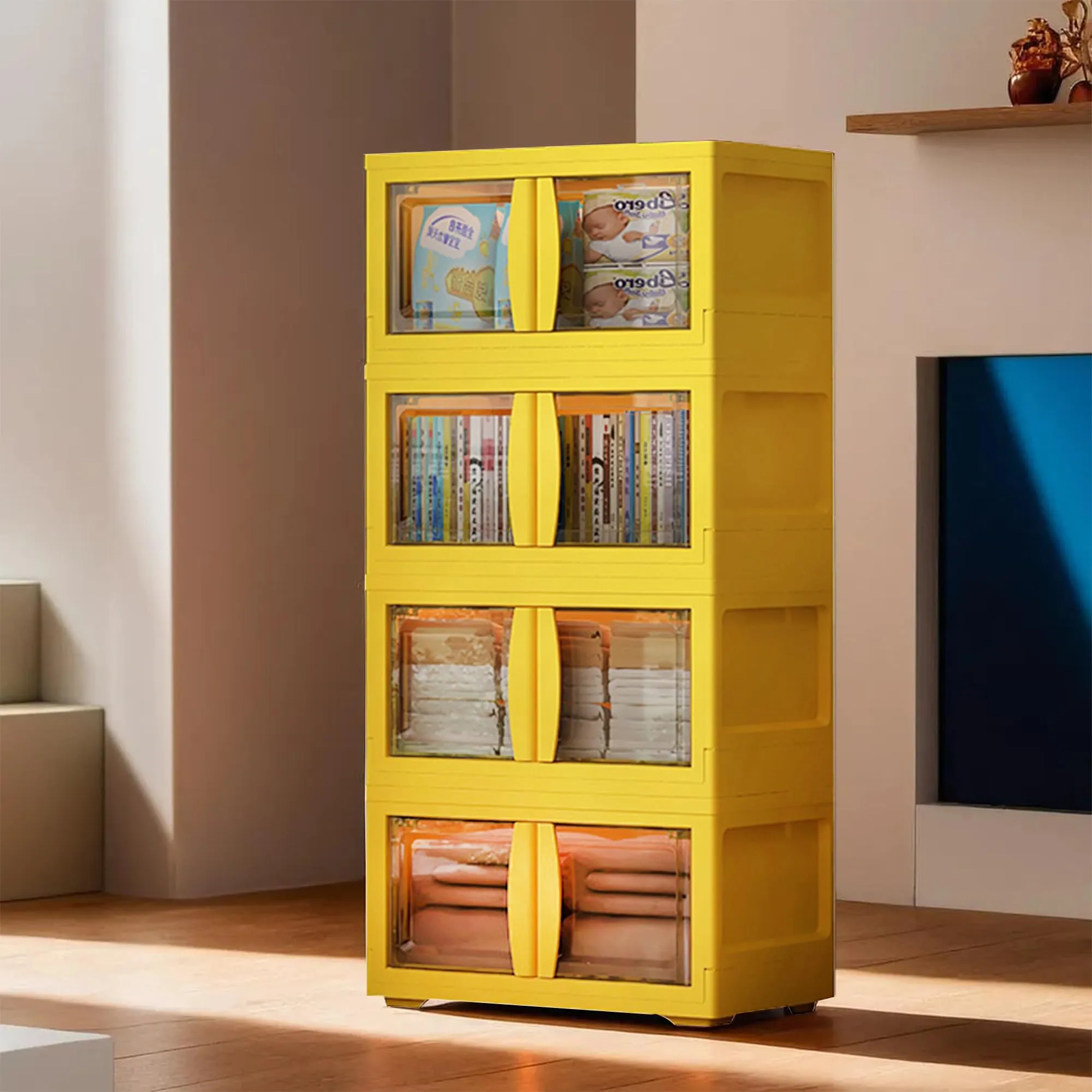 Kuber Industries (Set of 2) 4-Layer Double Door Almirah for Clothes - Collapsible & Foldable Dress Racks/Plastic Cupboard for Storage - Yellow