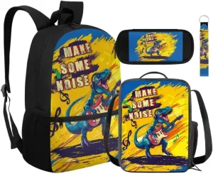 Kuiaobaty Dinosaurs Backpacks with Lunchboxes for Boy Cute Book Bag with Pencil Bag Portable School Bag with Key Chain Insulated Lunch Case with Zipper Soft Pencil Box Gift for Holiday