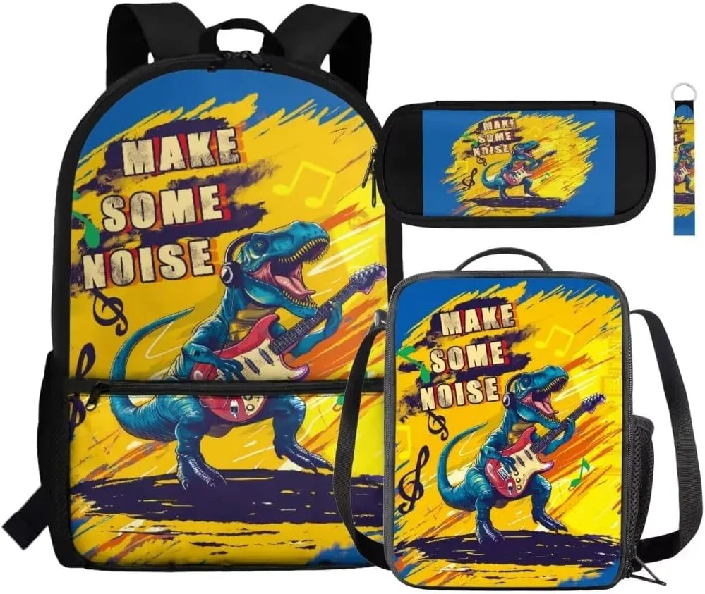 Kuiaobaty Dinosaurs Backpacks with Lunchboxes for Boy Cute Book Bag with Pencil Bag Portable School Bag with Key Chain Insulated Lunch Case with Zipper Soft Pencil Box Gift for Holiday