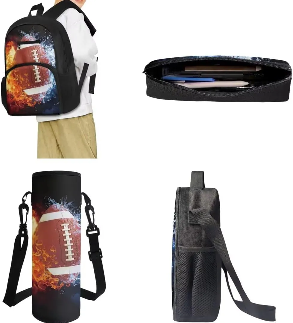 Kuiaobaty Fire Rugby Kids Bookbag and Pencil Case Cool Backpack and Lunch Box for Kindergarden Waterproof School Bag and Water Bottle Bag Soft 4 Pieces Backpack Set 2024