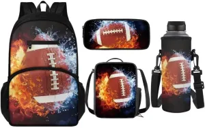 Kuiaobaty Fire Rugby Kids Bookbag and Pencil Case Cool Backpack and Lunch Box for Kindergarden Waterproof School Bag and Water Bottle Bag Soft 4 Pieces Backpack Set 2024