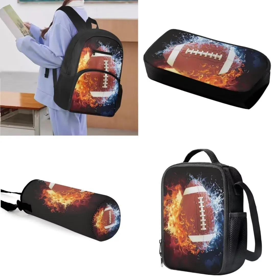 Kuiaobaty Fire Rugby Kids Bookbag and Pencil Case Cool Backpack and Lunch Box for Kindergarden Waterproof School Bag and Water Bottle Bag Soft 4 Pieces Backpack Set 2024