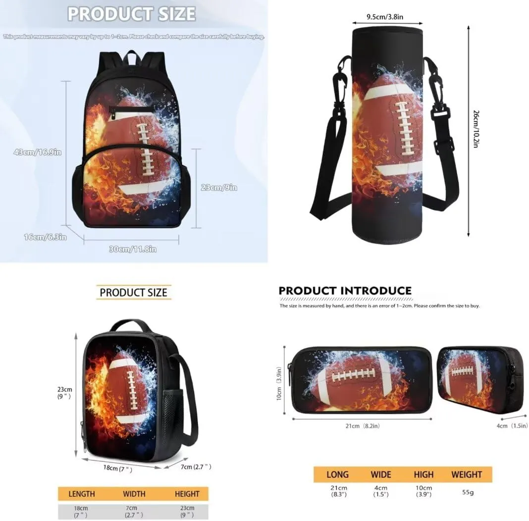 Kuiaobaty Fire Rugby Kids Bookbag and Pencil Case Cool Backpack and Lunch Box for Kindergarden Waterproof School Bag and Water Bottle Bag Soft 4 Pieces Backpack Set 2024