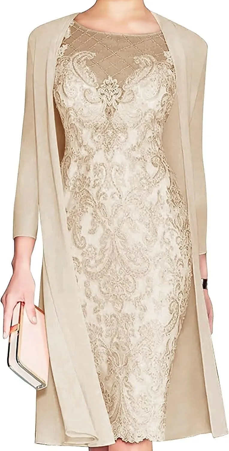Lace Mother of The Bride Dress with Jacket for Wedding Knee Length Chiffon 3/4 Sleeve Formal Evening Party Gown for Women Champagne US8