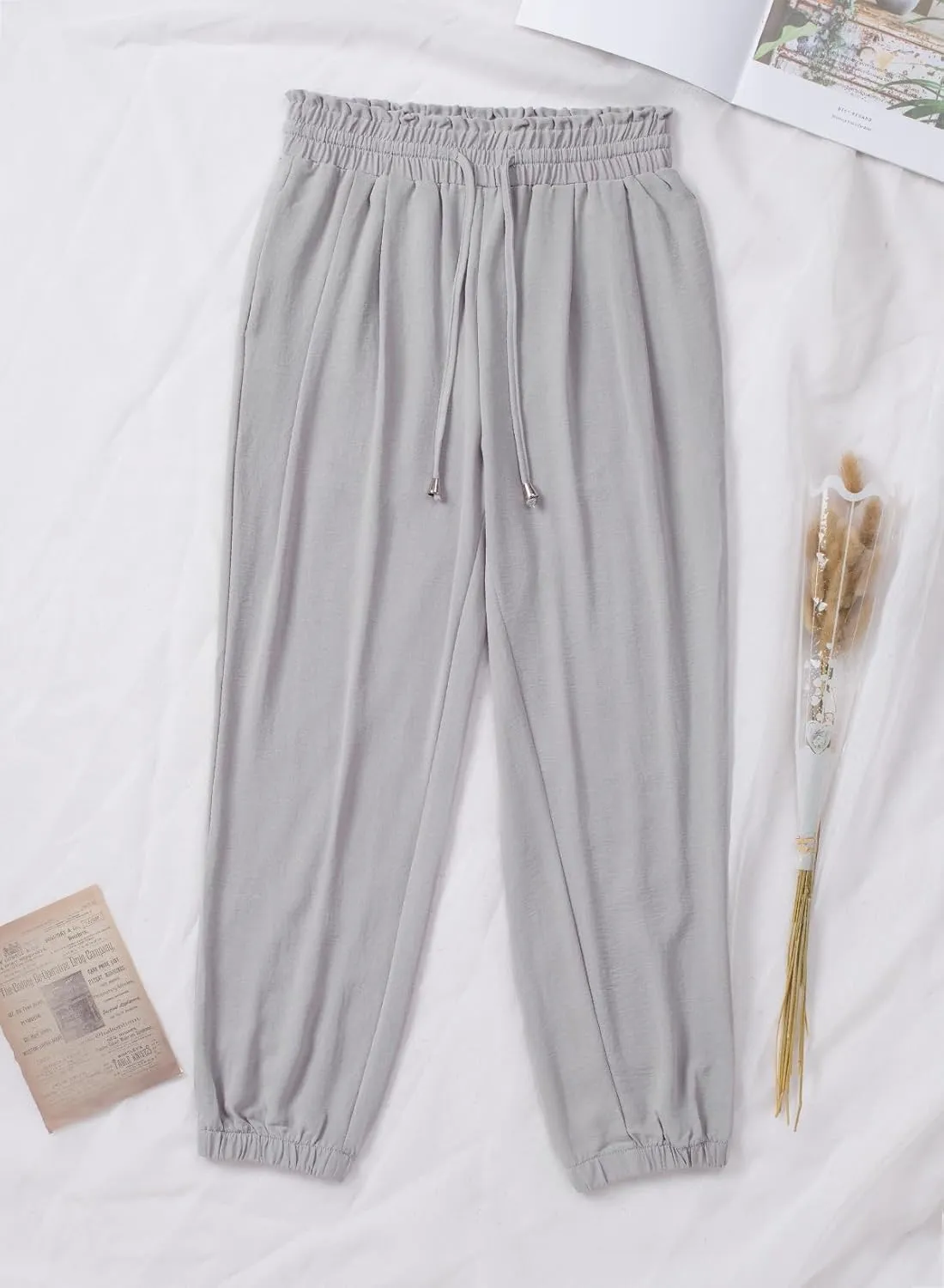 LAFOURAM Women's Casual Loose Drawstring Elastic High Waisted Harem Pants Comfy Trousers with Pockets