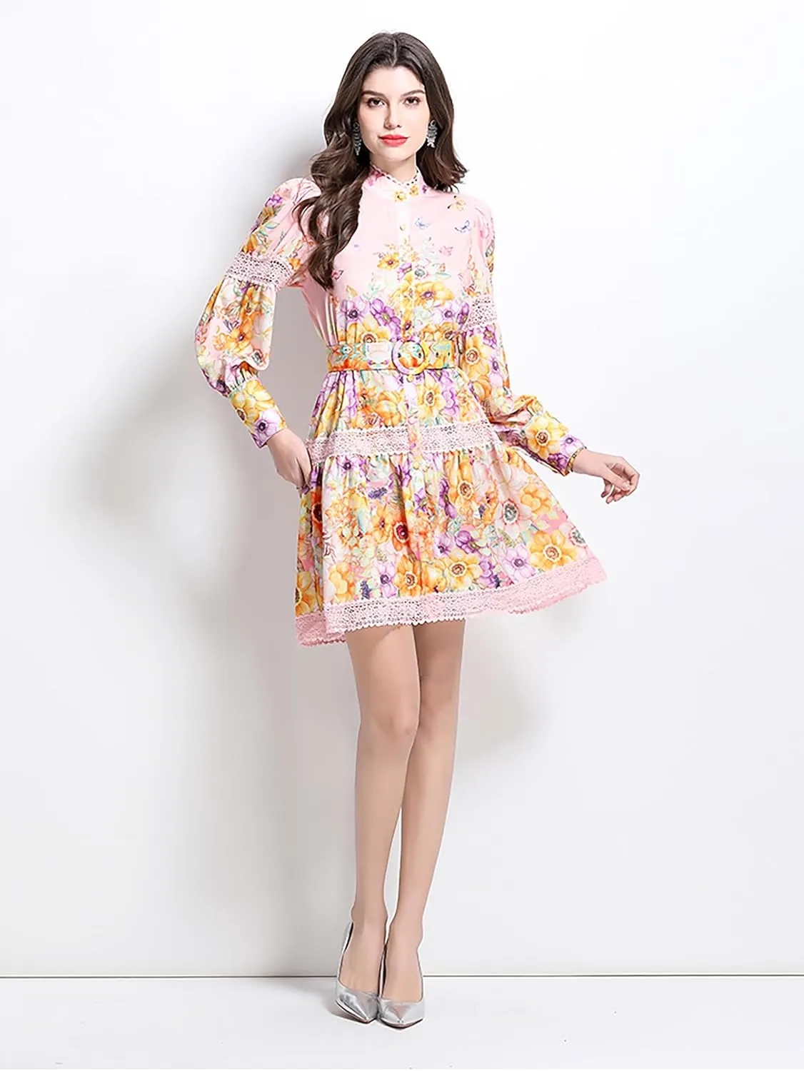 LAI MENG FIVE CATS Women's Hollow Out Floral Print Lantern Sleeve Button Casual Mini Dress