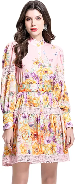 LAI MENG FIVE CATS Women's Hollow Out Floral Print Lantern Sleeve Button Casual Mini Dress