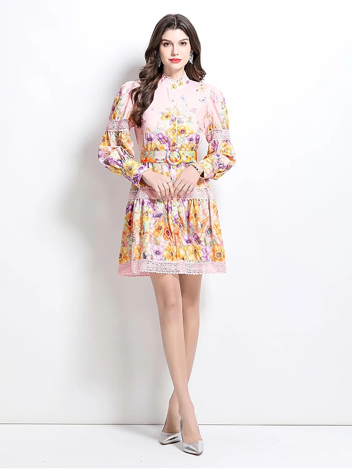 LAI MENG FIVE CATS Women's Hollow Out Floral Print Lantern Sleeve Button Casual Mini Dress