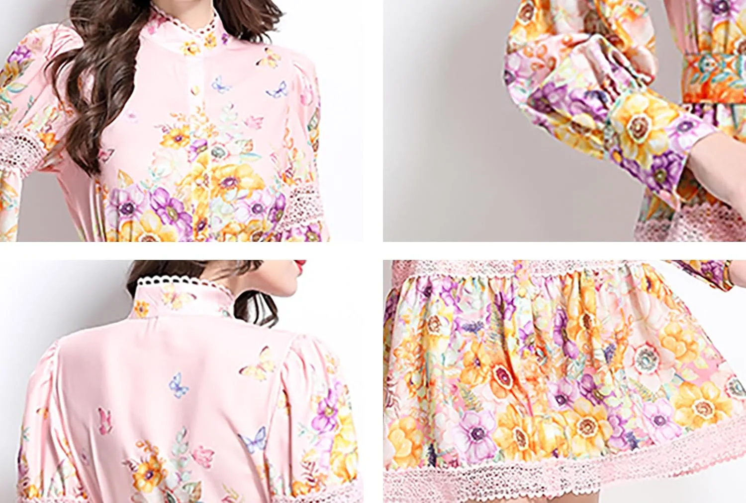 LAI MENG FIVE CATS Women's Hollow Out Floral Print Lantern Sleeve Button Casual Mini Dress
