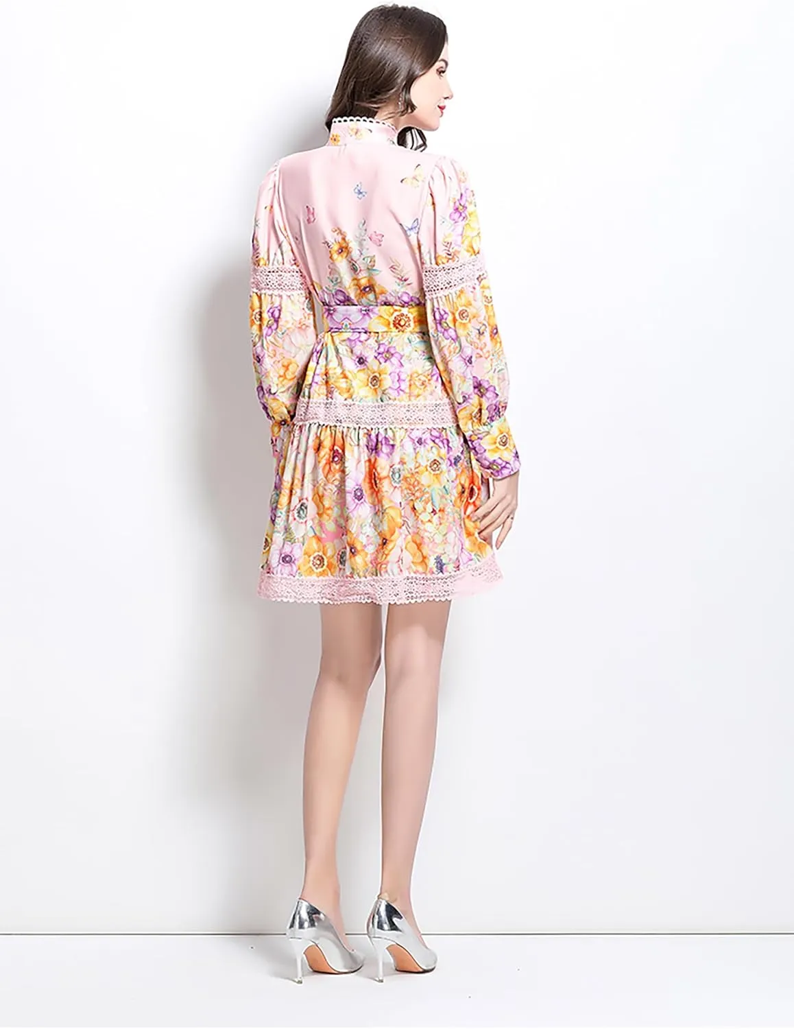 LAI MENG FIVE CATS Women's Hollow Out Floral Print Lantern Sleeve Button Casual Mini Dress