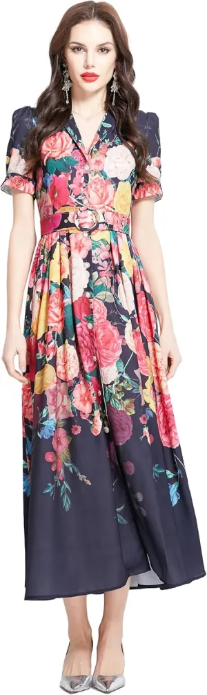 LAI MENG FIVE CATS Women's V-Neck Front Button Floral Print Short Sleeve Waist Belt Maxi Dress