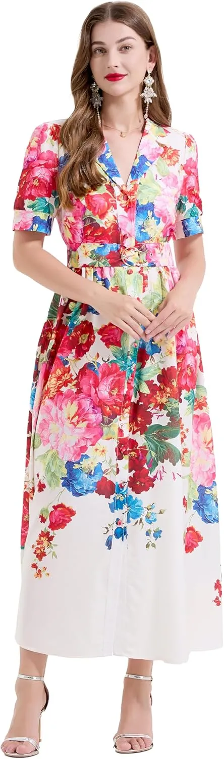 LAI MENG FIVE CATS Women's V-Neck Front Button Floral Print Short Sleeve Waist Belt Maxi Dress