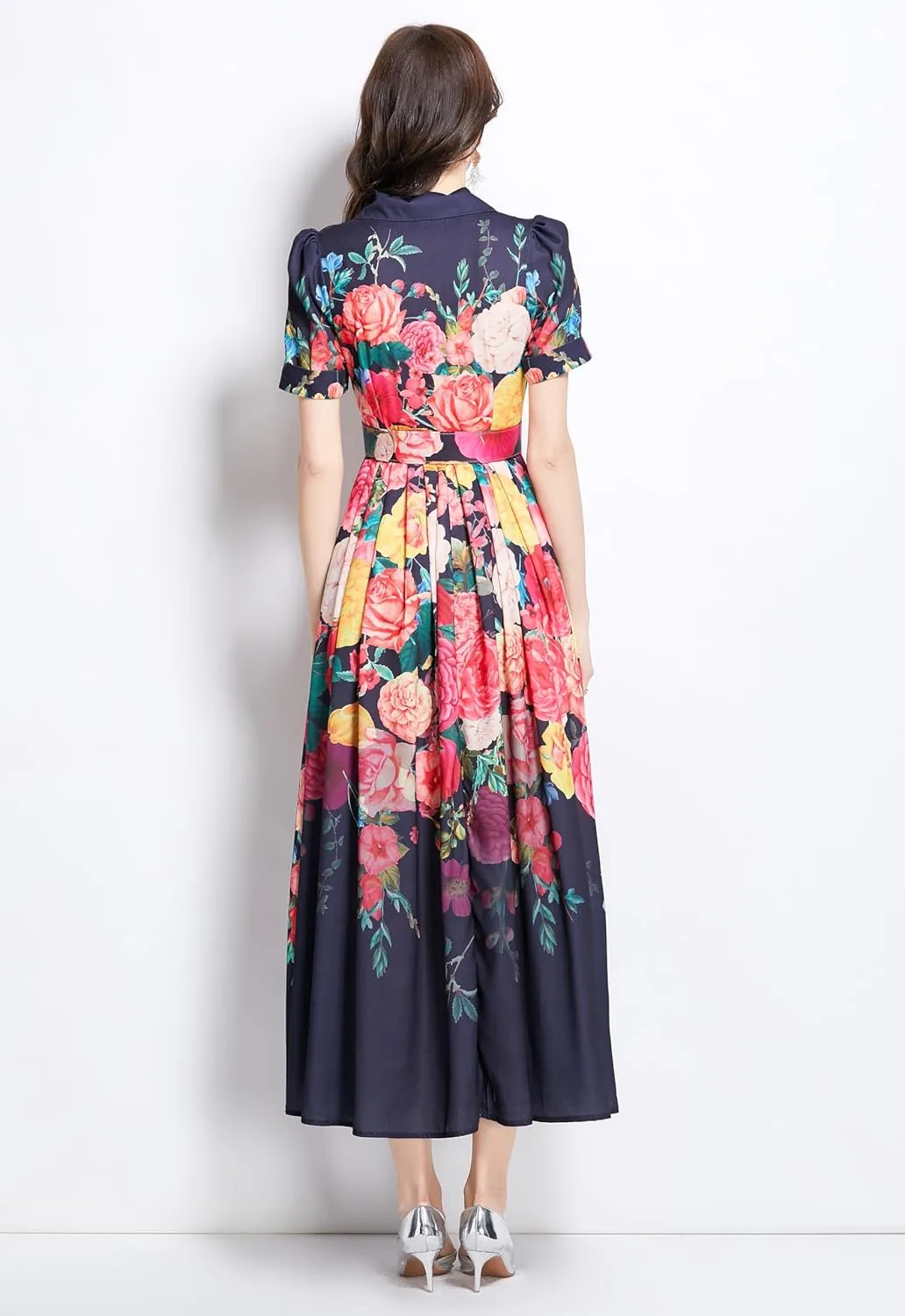 LAI MENG FIVE CATS Women's V-Neck Front Button Floral Print Short Sleeve Waist Belt Maxi Dress