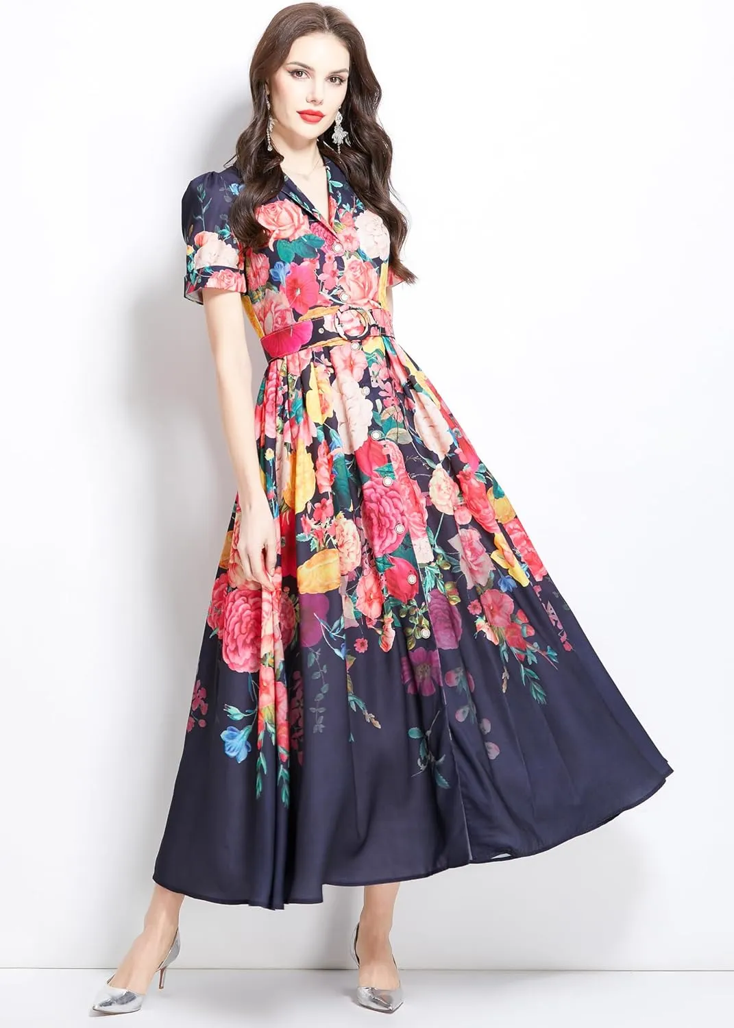 LAI MENG FIVE CATS Women's V-Neck Front Button Floral Print Short Sleeve Waist Belt Maxi Dress