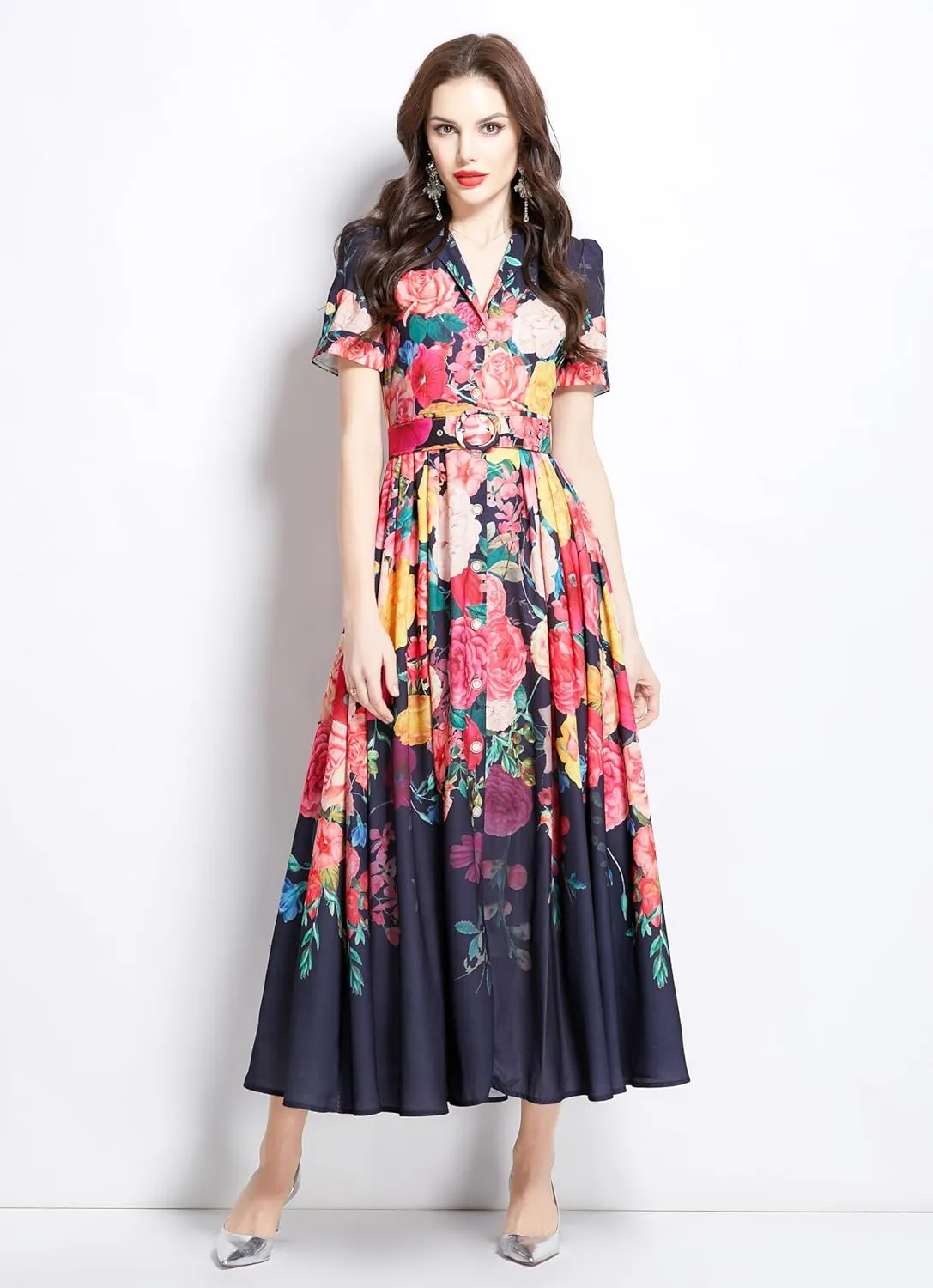 LAI MENG FIVE CATS Women's V-Neck Front Button Floral Print Short Sleeve Waist Belt Maxi Dress