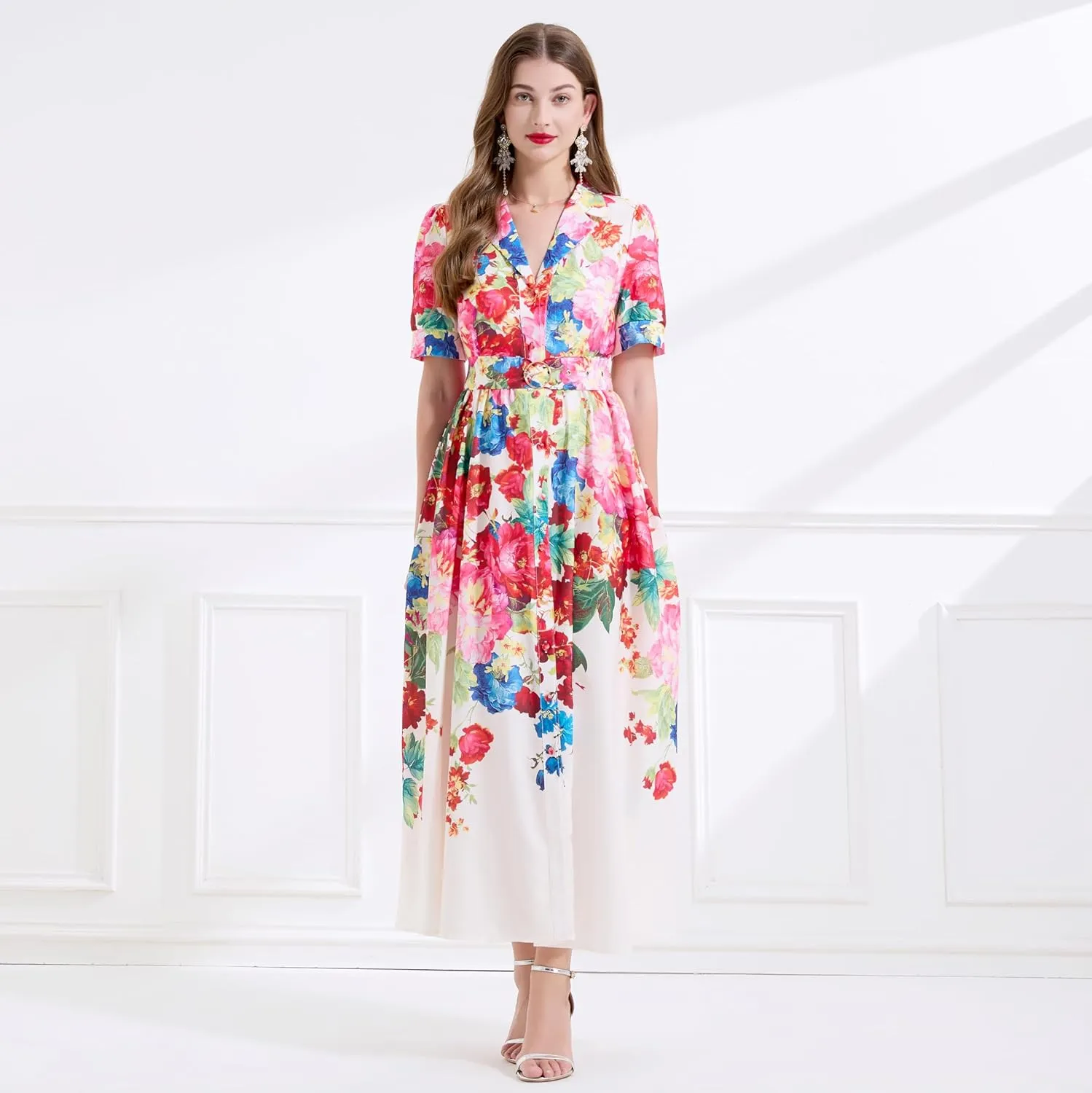 LAI MENG FIVE CATS Women's V-Neck Front Button Floral Print Short Sleeve Waist Belt Maxi Dress