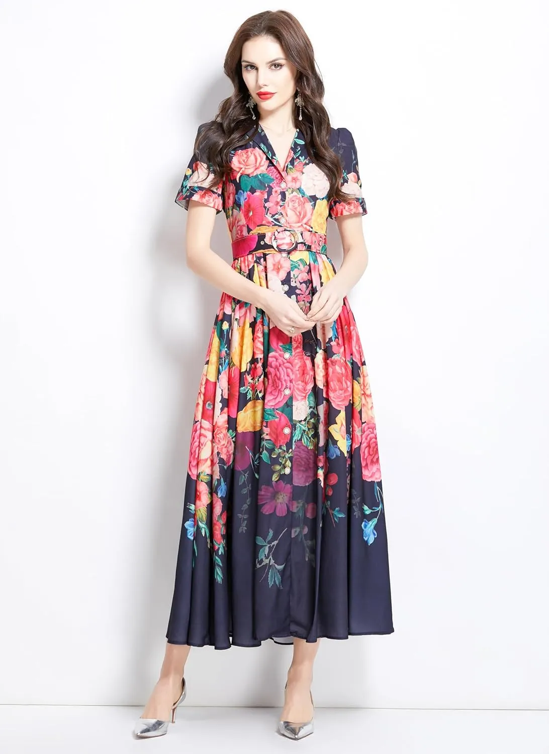 LAI MENG FIVE CATS Women's V-Neck Front Button Floral Print Short Sleeve Waist Belt Maxi Dress