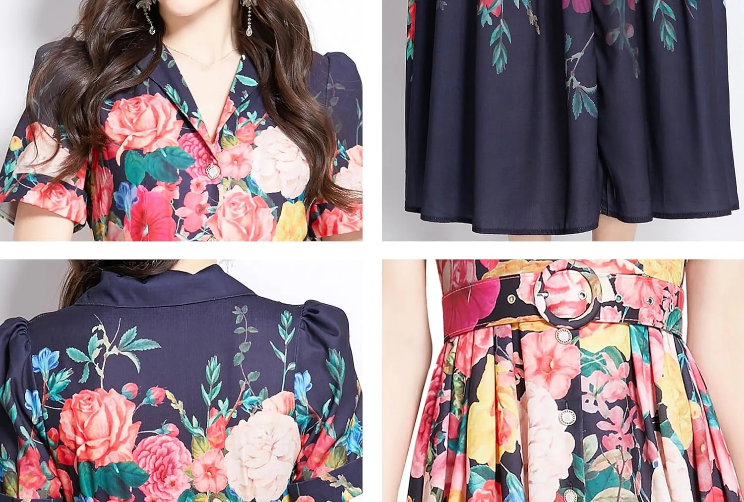 LAI MENG FIVE CATS Women's V-Neck Front Button Floral Print Short Sleeve Waist Belt Maxi Dress