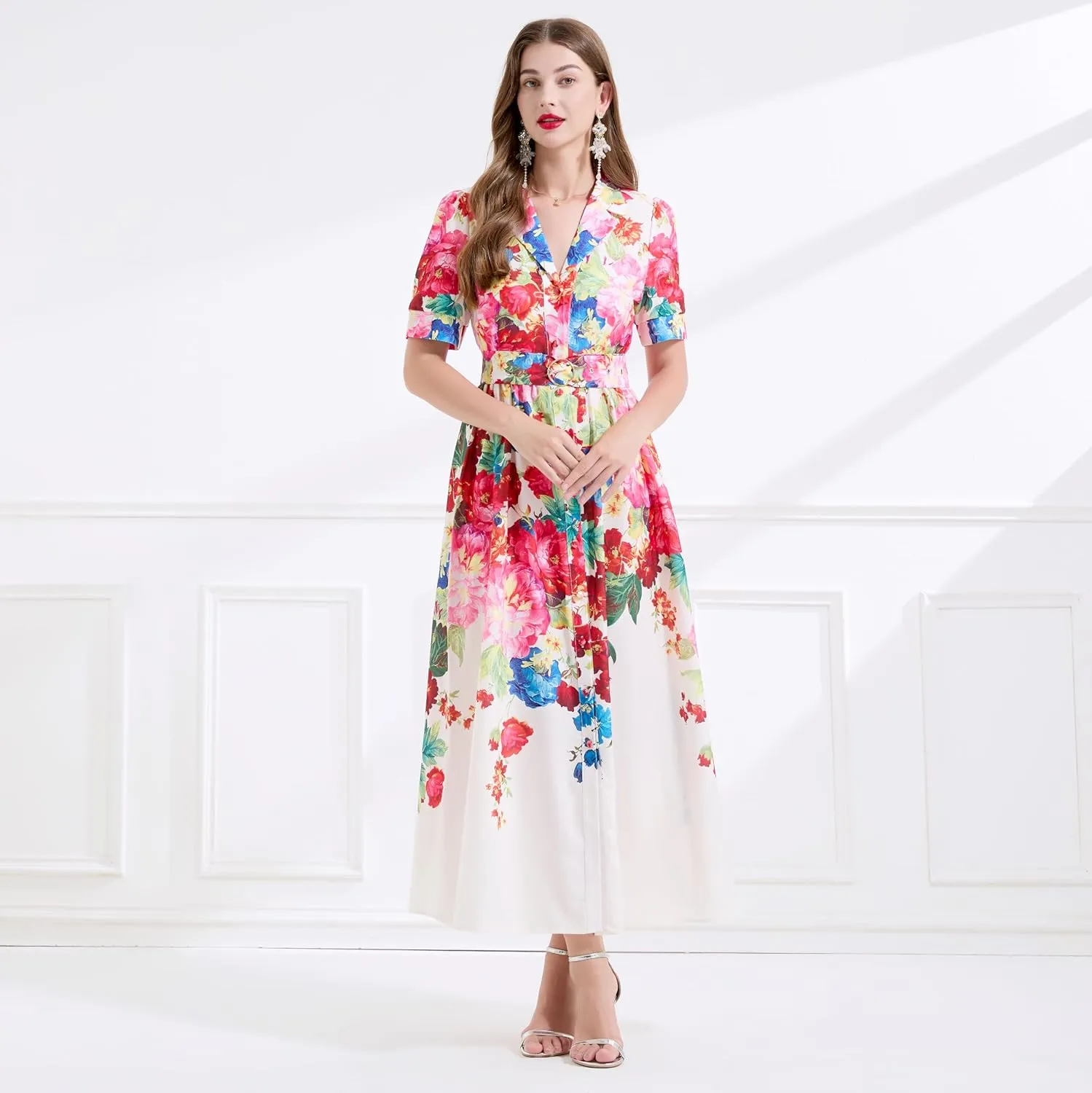 LAI MENG FIVE CATS Women's V-Neck Front Button Floral Print Short Sleeve Waist Belt Maxi Dress