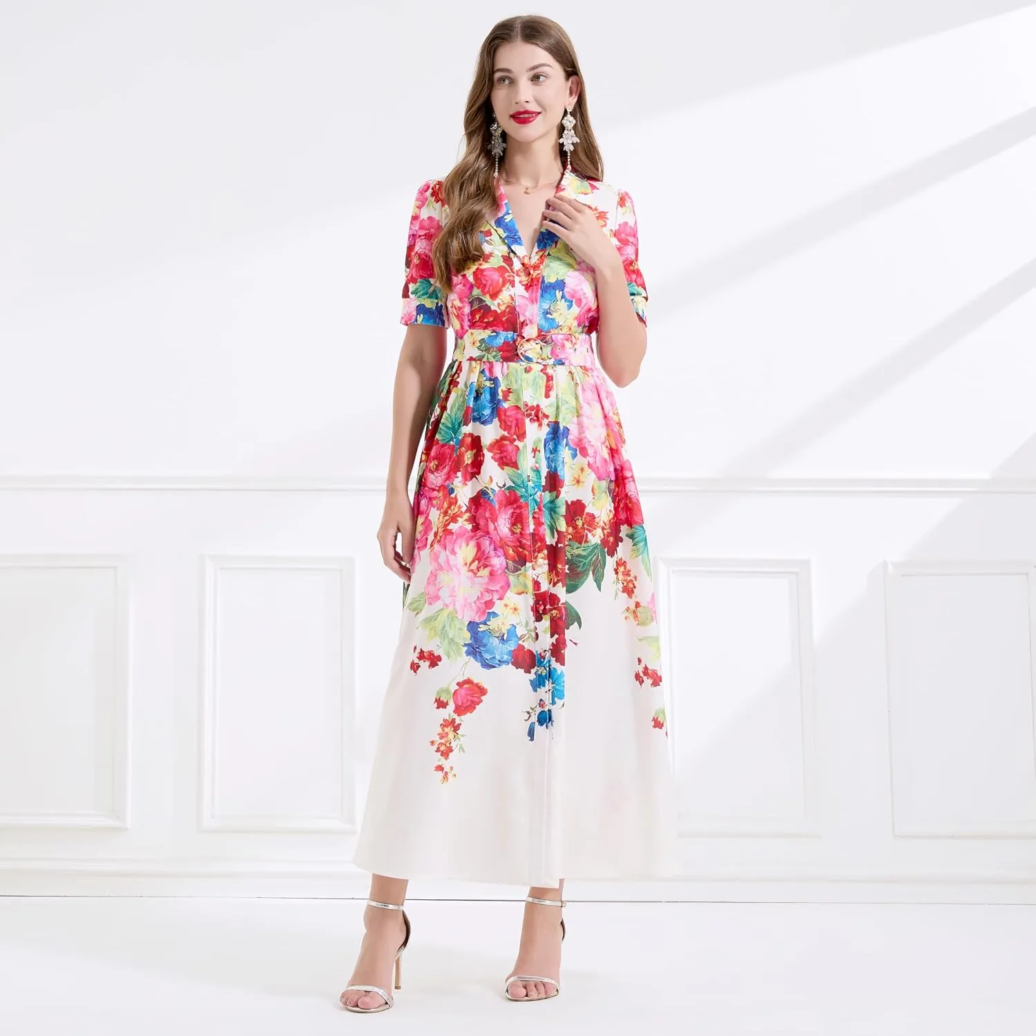 LAI MENG FIVE CATS Women's V-Neck Front Button Floral Print Short Sleeve Waist Belt Maxi Dress