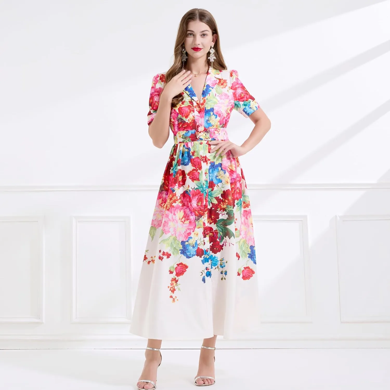 LAI MENG FIVE CATS Women's V-Neck Front Button Floral Print Short Sleeve Waist Belt Maxi Dress
